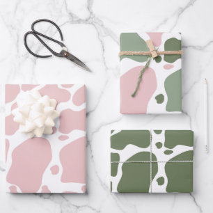 Feuille De Papier Cadeau Motif d'impression de vache rose et verte de taill
