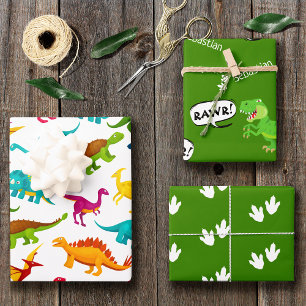 Feuille De Papier Cadeau Motif Dinosaure coloré avec nom