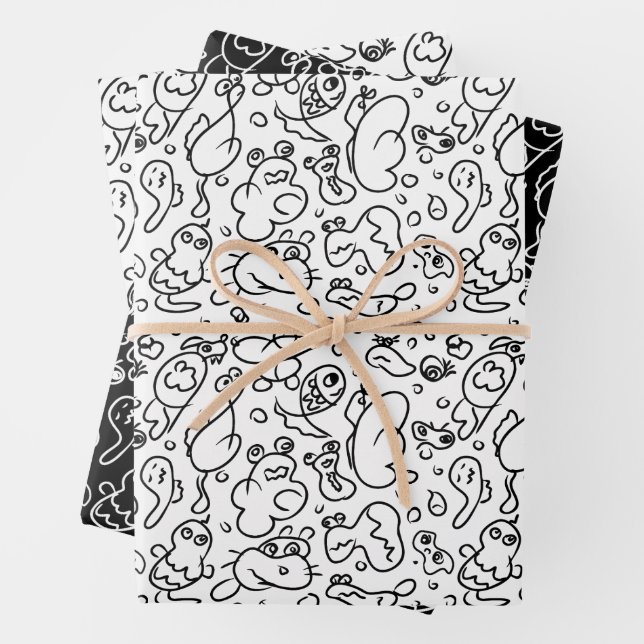 Feuille De Papier Cadeau Motif doodé noir et blanc (En situation)