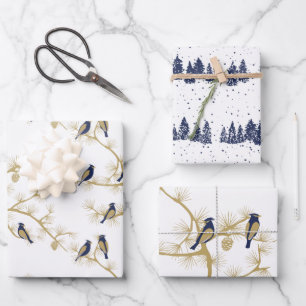 Feuille De Papier Cadeau Motif d'or d'hiver des oiseaux bleus