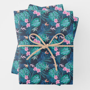 Feuille De Papier Cadeau Motif du Jardin des Fleurs Tropicales Bleues