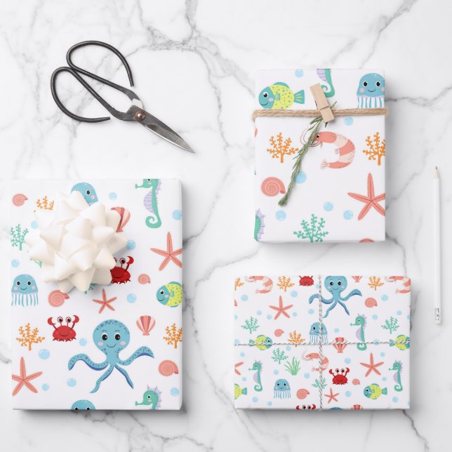 Feuille De Papier Cadeau Motif du monde marin (Recto)