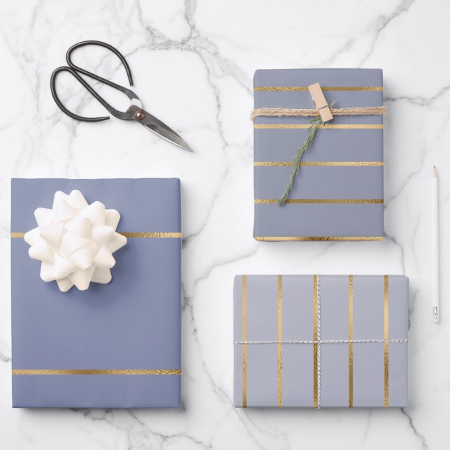 Feuille De Papier Cadeau Motif Dusty Blue Gold Stripe (Recto)