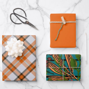 Feuille De Papier Cadeau Motif écossais d'anniversaire orange et blanc chic