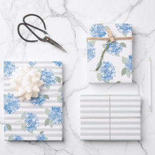 Feuille De Papier Cadeau Motif élégant d'hortensia bleu avec rayure grise 