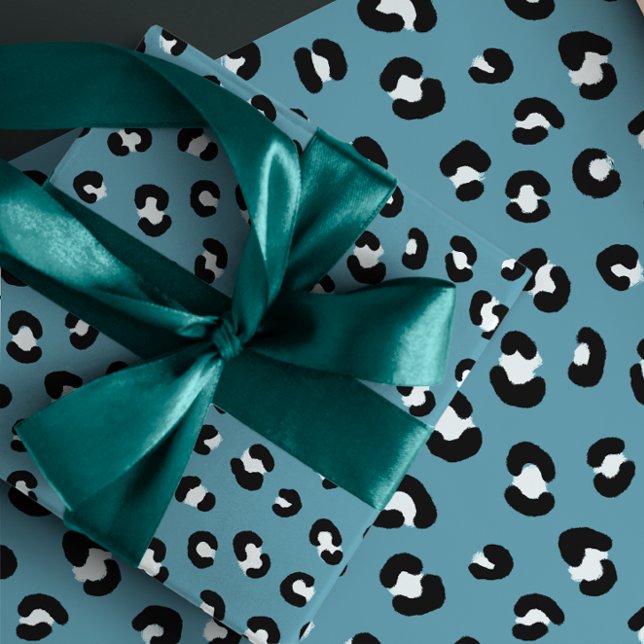 Feuille De Papier Cadeau Motif Empreinte de léopard Turquoise, noir et blan (Créateur téléchargé)
