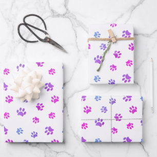 Feuille De Papier Cadeau Motif Empreintes de Patte Rose Violet Bleu