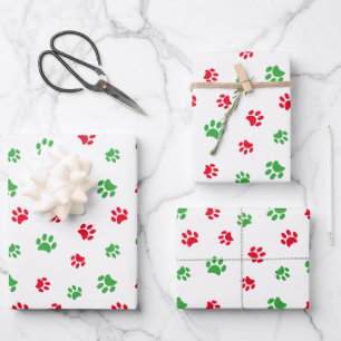Feuille De Papier Cadeau Motif Empreintes de pattes rouge et vert