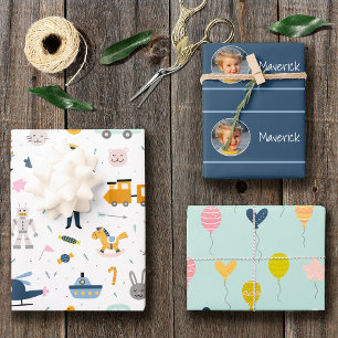 Feuille De Papier Cadeau Motif enfant mignon Photo et nom Boy Blue