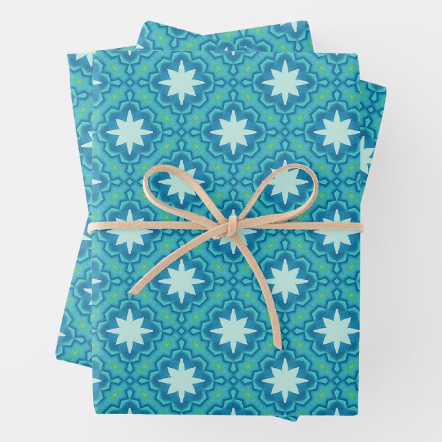 Feuille De Papier Cadeau Motif étoile Boho bleu turquoise (En situation)