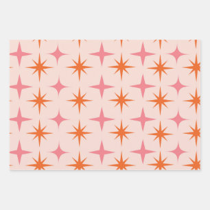 Feuille De Papier Cadeau Motif étoiles rétro milieu du siècle rose orange