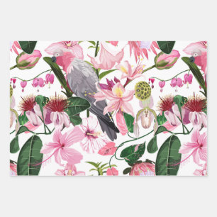 Feuille De Papier Cadeau Motif exotique tropical avec perroquet et fleurs