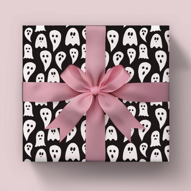 Feuille De Papier Cadeau Motif fantôme Halloween (Black ghost wrapping paper ideal for Halloween.)