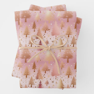 Feuille De Papier Cadeau Motif festif des arbres d'or rose mignonne