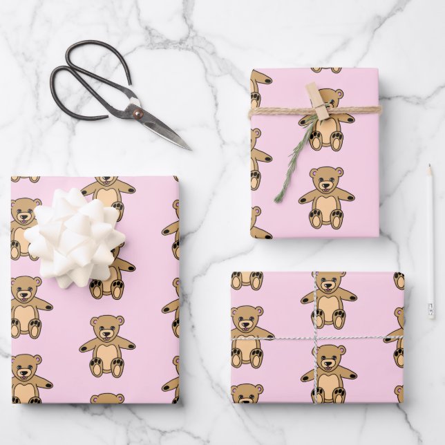 Feuille De Papier Cadeau Motif fille ours rose Teddy mignonne (Recto)