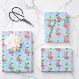 Feuille De Papier Cadeau Motif flamant rose de Noël bleu
