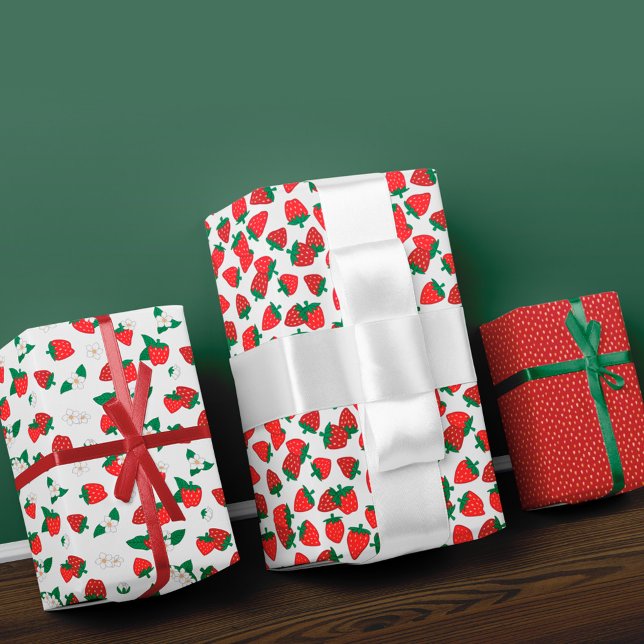 Feuille De Papier Cadeau Motif Fleurs Blanches & Fraises Rouges Sucrées (Créateur téléchargé)
