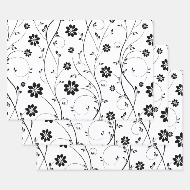 Feuille De Papier Cadeau Motif Fleurs Delicate Noir (Lot)