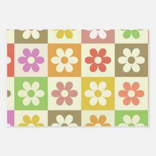 Feuille De Papier Cadeau Motif Fleurs Rétro Colorées à Damier 
