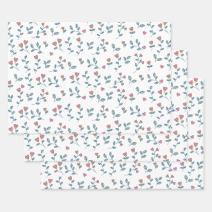 Feuille De Papier Cadeau Motif floral à petits cœurs roses sur fond blanc