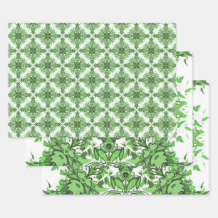 Feuille De Papier Cadeau Motif floral abstrait en noir et vert sur fond bla