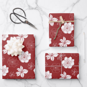 Feuille De Papier Cadeau Motif floral blanc et rouge