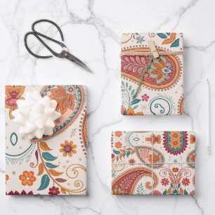 Feuille De Papier Cadeau Motif floral blanc paisley boho vibrant 