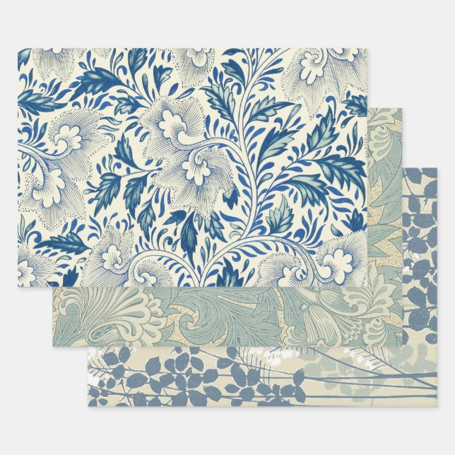 Feuille De Papier Cadeau Motif Floral bleu Antique Design asiatique (Lot)
