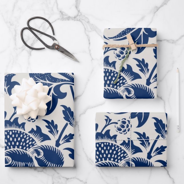 Feuille De Papier Cadeau Motif floral bleu complexe sur fond clair (Recto)