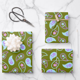 Feuille De Papier Cadeau Motif floral bleu et vert
