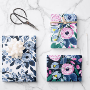 Feuille De Papier Cadeau Motif floral bleu marine Pastel