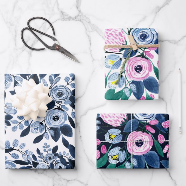 Feuille De Papier Cadeau Motif floral bleu marine Pastel (Recto)