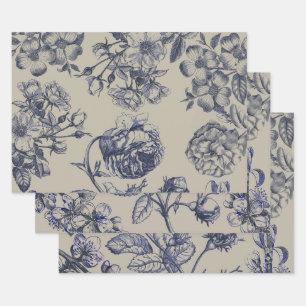 Feuille De Papier Cadeau Motif floral botanique toile bleue vintage antique