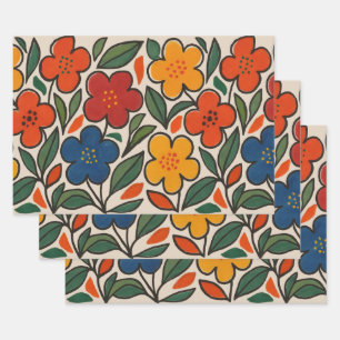 Feuille De Papier Cadeau Motif floral de style rétro des années 1960
