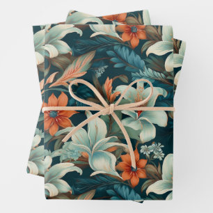 Feuille De Papier Cadeau Motif floral élégant turquoise orange