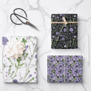 Feuille De Papier Cadeau Motif floral élégant violet vert noir