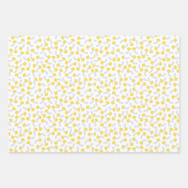 Feuille De Papier Cadeau Motif floral gris jaune (Devant)