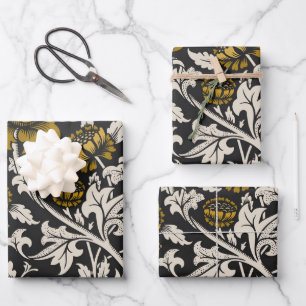 Feuille De Papier Cadeau Motif floral orné avec de grandes fleurs dorées 