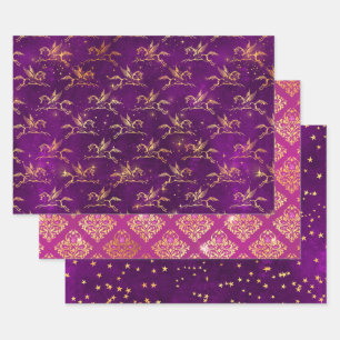 Feuille De Papier Cadeau Motif floral Pegasus et or en violet et rose