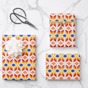 Feuille De Papier Cadeau Motif floral pixel géométrique en rouge orange jau