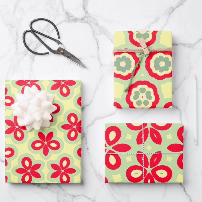 Feuille De Papier Cadeau Motif floral rétro en rouge, crème et vert menthe (Recto)