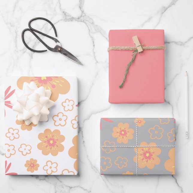 Feuille De Papier Cadeau Motif floral rétro et rose pâle (Recto)