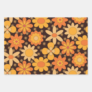 Feuille De Papier Cadeau Motif floral rétro groovy jaune et orange 