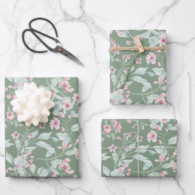 Feuille De Papier Cadeau Motif floral rose et blush (Recto)