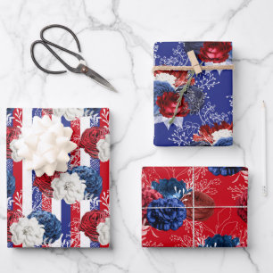 Feuille De Papier Cadeau Motif floral rouge, blanc et bleu USA