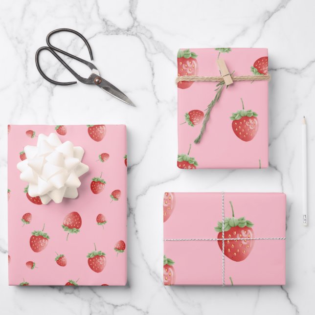 Feuille De Papier Cadeau Motif fraise rose (Recto)