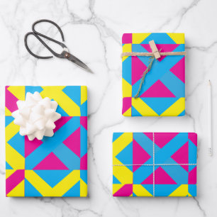 Feuille De Papier Cadeau Motif géométrique Carré bleu jaune rose