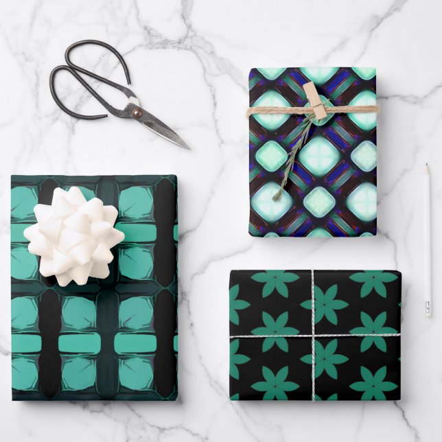 Feuille De Papier Cadeau Motif géométrique moderne Abstrait noir vert (Recto)