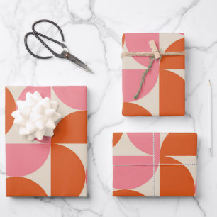 Feuille De Papier Cadeau Motif géométrique rose orange moderne du milieu du