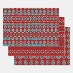 Feuille De Papier Cadeau Motif géométrique rouge et turquoise du sud-oues